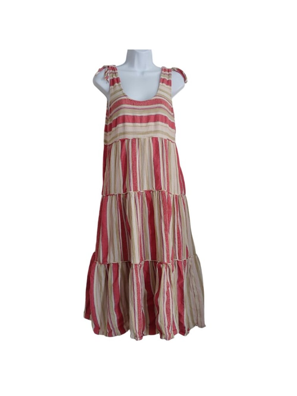Faherty Lanai Tiered Stripe Tie Shoulder Cotton Blend Dress Layer Cottage M - Picture 2 of 12